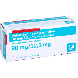 Abbildung: Valsartan 1A Pharma plus 80 / 12,5 mg Filmtabletten 98 St, Filmtabletten PZN 07580762