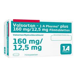 Abbildung: Valsartan 1A Pharma plus 160 / 12,5 mg Filmtabletten 98 St, Filmtabletten PZN 07581046
