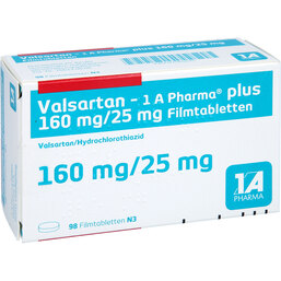 Abbildung: Valsartan 1A Pharma plus 160 / 25 mg Filmtabletten 98 St, Filmtabletten PZN 07581075