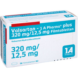 Abbildung: Valsartan 1A Pharma plus 320 / 12,5 mg Filmtabletten 56 St, Filmtabletten PZN 07581098