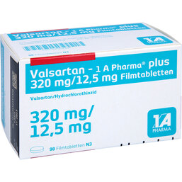 Abbildung: Valsartan 1A Pharma plus 320 / 12,5 mg Filmtabletten 98 St, Filmtabletten PZN 07581106