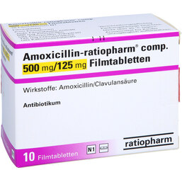 Abbildung: Amoxicillin Ratiopharm com.500mg / 125mg Filmtabletten 10 St, Filmtabletten PZN 07622035