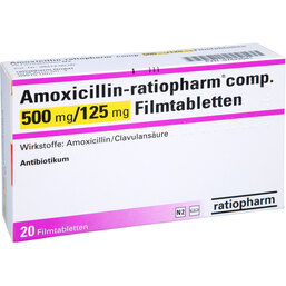 Abbildung: Amoxicillin Ratiopharm com.500mg / 125mg Filmtabletten 20 St, Filmtabletten PZN 07622041
