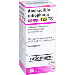 Abbildung: Amoxicillin ratiopharm comp. 125 TS Pulver Suspension -Herstellung 100 ml, Pulver zur Herstellung einer Suspension zum Einnehmen PZN 07622058