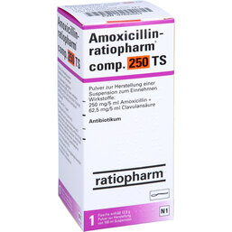 Abbildung: Amoxicillin ratiopharm comp. 250 TS Pulver Suspension -Herstellung 100 ml, Pulver zur Herstellung einer Suspension zum Einnehmen PZN 07622064
