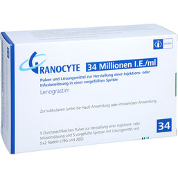 Abbildung: Granocyte 34 5 Tr.Subst. + 5 wasservorgef.Fertigspritze 5 St, Pulver u Lösungsm. z. Herst. e.Injektions- bzw. Infusionsl. PZN 07667664