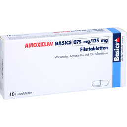 Abbildung: Amoxiclav Basics 875 mg / 125 mg Filmtabletten 10 St, Filmtabletten PZN 07698038