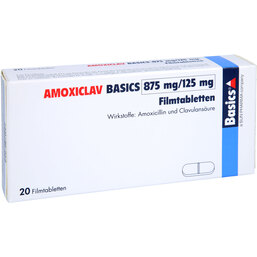 Abbildung: Amoxiclav Basics 875 mg / 125 mg Filmtabletten 20 St, Filmtabletten PZN 07698587