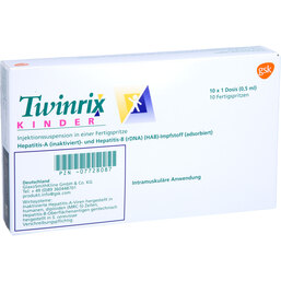 Abbildung: Twinrix Kinder Impfdosis Injektionssuspension in einer Fertigs.ohne K 10X1 St, Injektionssuspension PZN 07728087