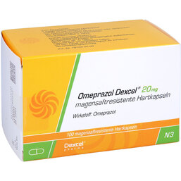 Abbildung: Omeprazol Dexcel 20 mg magensaftresistent Hartkapseln 100 St, Kapseln magensaftresistent PZN 07745878