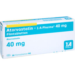 Abbildung: Atorvastatin 1A Pharma 40 mg Filmtabletten 30 St, Filmtabletten PZN 07752944