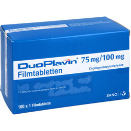 Abbildung: Duoplavin 75 mg / 100 mg Filmtabletten 100 St, Filmtabletten PZN 07763528