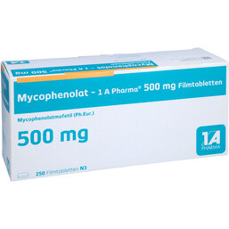 Abbildung: Mycophenolat 1A Pharma 500 mg Filmtabletten 250 St, Filmtabletten PZN 07794569