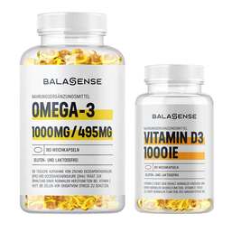Abbildung: Omega-3 1000 mg / 495 mg + gratis Vitamin D3 Balasense Weichkapseln, 180 St PZN 08031383