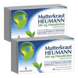 Abbildung: Mutterkraut Heumann 200 mg Filmtabletten 2x90 St, Filmtabletten PZN 08032793