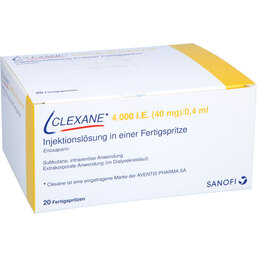 Abbildung: Clexane 40 mg 0,4 ml Fertigspritzen 20 St, Injektionslösung in einer Fertigspritze PZN 08448504