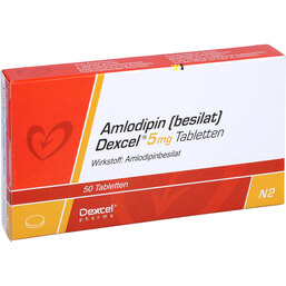 Abbildung: Amlodipin Besilat Dexcel 5 mg Tabletten 50 St, Tabletten PZN 08454479