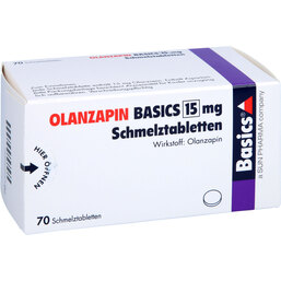 Abbildung: Olanzapin Basics 15 mg Schmelztabletten 70 St, Schmelztabletten PZN 08468056