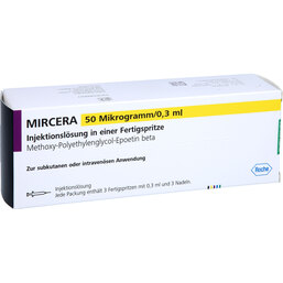 Abbildung: Mircera 50 Mikrogramm / 0,3 ml Injektionslösung i.e.Fert.-S. 3 St, Injektionslösung in einer Fertigspritze PZN 08472170