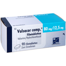 Abbildung: Valsacor comp.80 mg / 12,5 mg Filmtabletten 98 St, Filmtabletten PZN 08473301