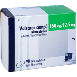Abbildung: Valsacor comp.160 mg / 12,5 mg Filmtabletten 98 St, Filmtabletten PZN 08473376