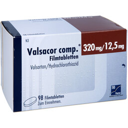 Abbildung: Valsacor comp.320 mg / 12,5 mg Filmtabletten 98 St, Filmtabletten PZN 08473442