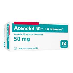 Abbildung: Atenolol 50 1A Pharma Filmtabletten 100 St, Filmtabletten PZN 08533457
