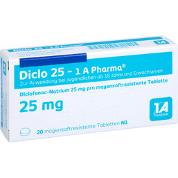 Abbildung: Diclo 25 1A Pharma magensaftresistente Tabletten 20 St, Tabletten magensaftresistent PZN 08533629