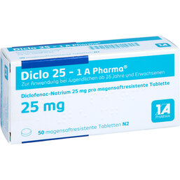 Abbildung: Diclo 25 1A Pharma magensaftresistente Tabletten 50 St, Tabletten magensaftresistent PZN 08533635