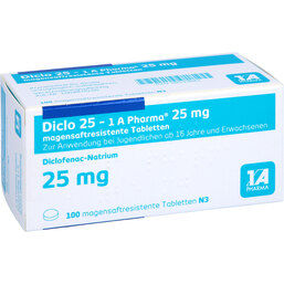Abbildung: Diclo 25 1A Pharma magensaftresistente Tabletten 100 St, Tabletten magensaftresistent PZN 08533641