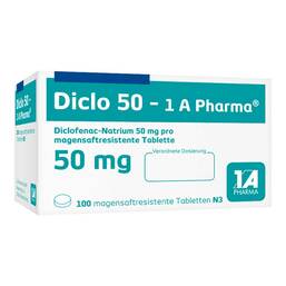 Abbildung: Diclo 50 1A Pharma magensaftresistente Tabletten 100 St, Tabletten magensaftresistent PZN 08533670