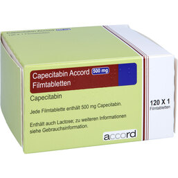 Abbildung: Capecitabin Accord 500 mg Filmtabletten 120 St, Filmtabletten PZN 08624378