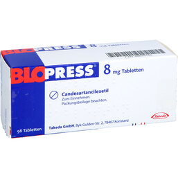 Abbildung: Blopress 8 mg Tabletten 98 St, Tabletten PZN 08625142