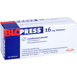 Abbildung: Blopress 16 mg Tabletten 98 St, Tabletten PZN 08625188
