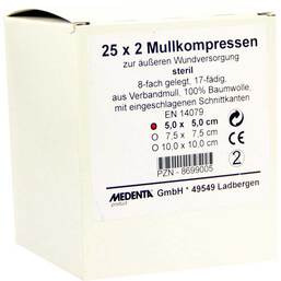 Abbildung: Mullkompressen 5x5 cm steril 8-fach Kompressen, 25X2 St PZN 08699005