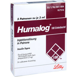Abbildung: Humalog 100 E. / ml Patrone Injektionslösung 5X3 ml, Injektionslösung PZN 08752484