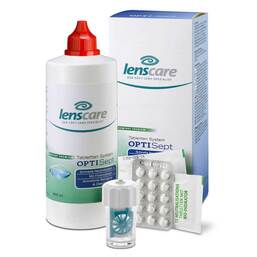 Abbildung: Lenscare Optisept Kombipackung 350 ml + 45 Tabletten + 1 Beh. 1 P, Kombipackung PZN 08801018