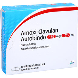 Abbildung: Amoxi Clavulan Aurobindo 875mg / 125mg Filmtabletten 10 St, Filmtabletten PZN 08841199