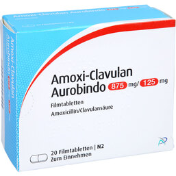 Abbildung: Amoxi Clavulan Aurobindo 875mg / 125mg Filmtabletten 20 St, Filmtabletten PZN 08841207