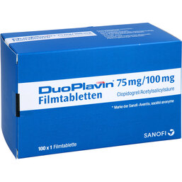 Abbildung: Duoplavin 75 mg / 100 mg Filmtabletten 100 St, Filmtabletten PZN 08856634