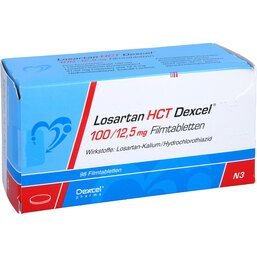 Abbildung: Losartan HCT Dexcel 100 / 12,5mg Filmtabletten 98 St, Filmtabletten PZN 08999109