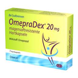 Abbildung: Omepradex 20 mg magensaftresistente Hartkapseln 7 St, Kapseln magensaftresistent PZN 09064639