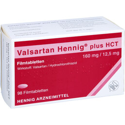 Abbildung: Valsartan Hennig plus HCT 160mg / 12,5mg Filmtabletten 98 St, Filmtabletten PZN 09067388