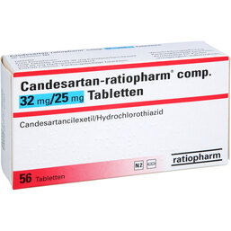 Abbildung: Candesartan ratiopharm comp. 32 mg / 25 mg Tabletten 56 St, Tabletten PZN 09068293