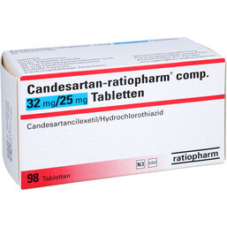 Abbildung: Candesartan ratiopharm comp. 32 mg / 25 mg Tabletten 98 St, Tabletten PZN 09068301