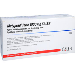 Abbildung: Metypred forte 1000 mg Galen Trockensubstanz mit Lösungsmittel 5 St, Pulver u Lösungsm. z. Herst. e.Injektions- bzw. Infusionsl. PZN 09087480