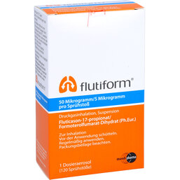 Abbildung: Flutiform 50 µg / 5 µg 120 Hub Dosieraerosol 1 St, Dosieraerosol PZN 09101458