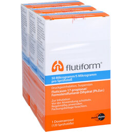 Abbildung: Flutiform 50 µg / 5 µg 120 Hub Dosieraerosol 3 St, Dosieraerosol PZN 09101464