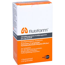 Abbildung: Flutiform 250 µg / 10 µg 120 Hub Dosieraerosol 1 St, Dosieraerosol PZN 09101493
