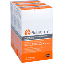 Abbildung: Flutiform 250 µg / 10 µg 120 Hub Dosieraerosol 3 St, Dosieraerosol PZN 09101501